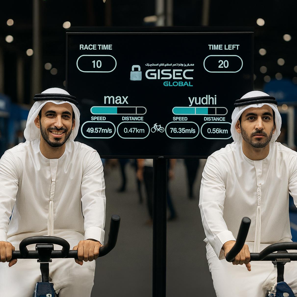 Guests racing on interactive bike game at corporate event in Dubai
